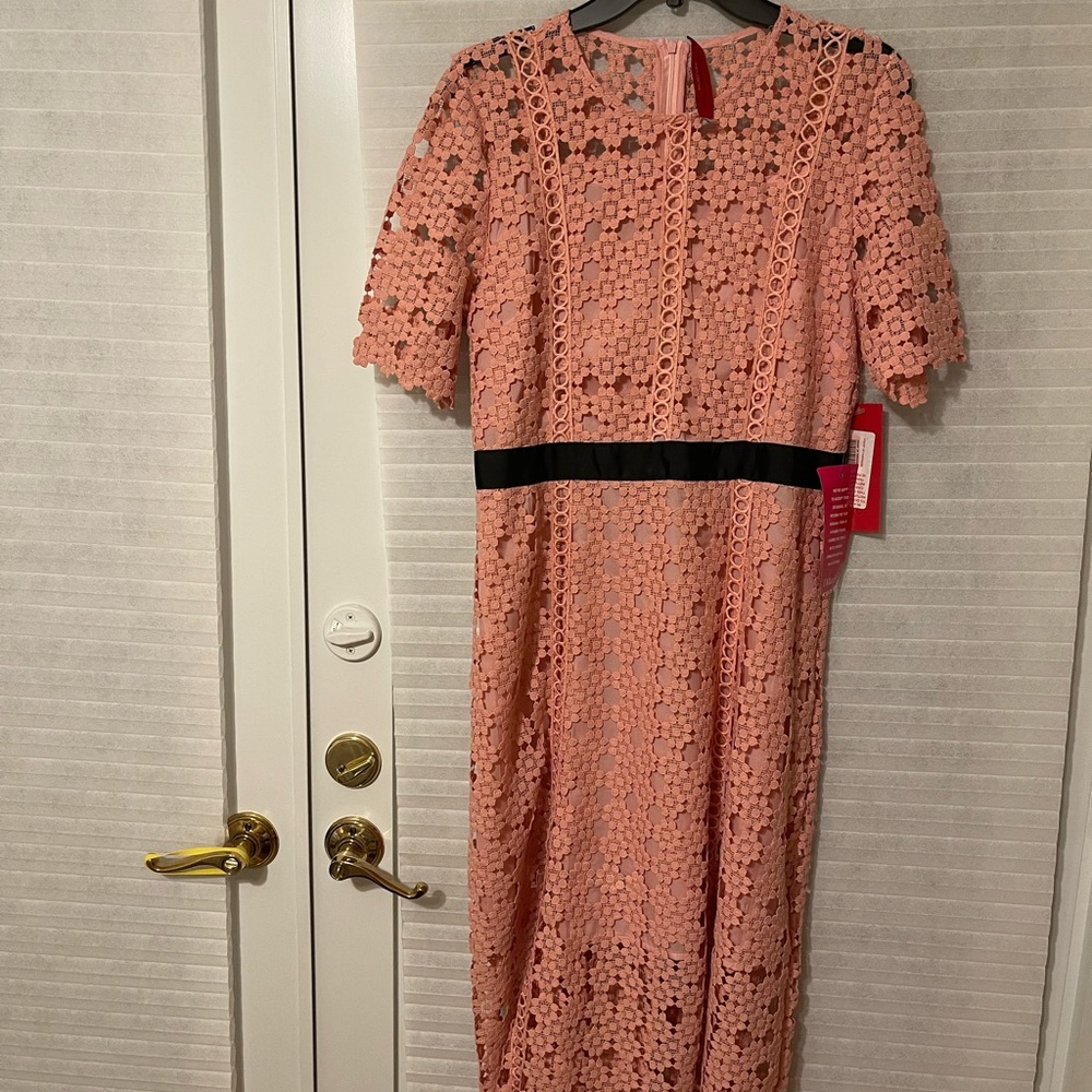NWT Carmen Marc Valvo Infusion Pink cut-out long Dress with black ribbon waist